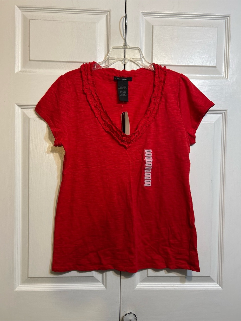 NWT Grace Elements Top Shirt T-Shirt V-Neck Size L Large Cajun Red Ruffle Neck
